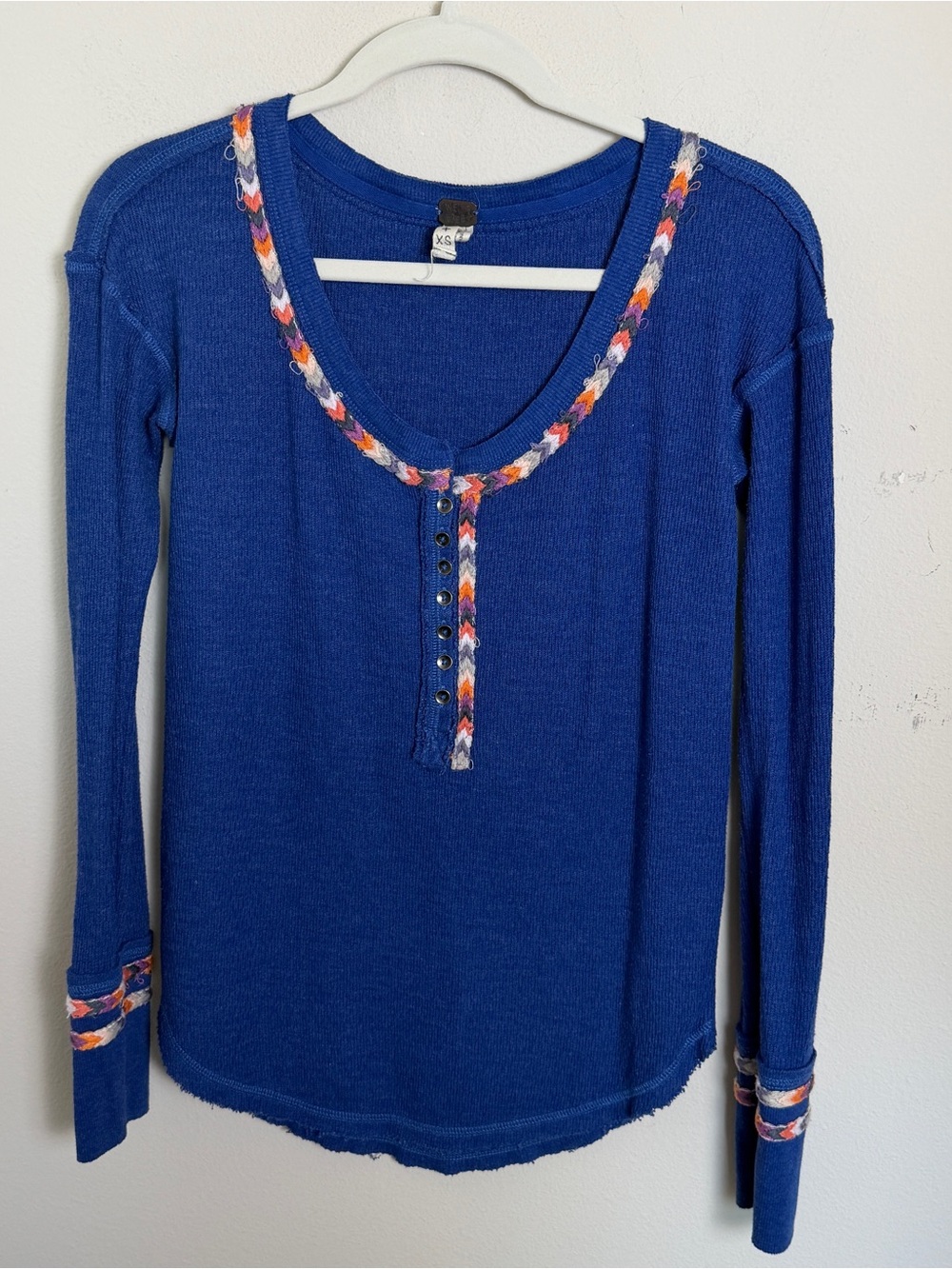 We the Free Thermal Henley Blue with Rainbow Thread Size XS Boho Winter